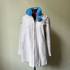 Wool Blend Studded Coat Jacket Blue Faux Fur Collar Midi Asymmetrical Zipper